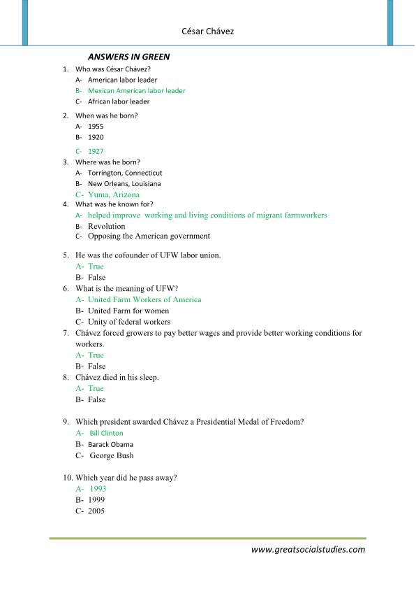 Cesar Chavez Facts Cesar Chavez Free Worksheets GREAT SOCIAL STUDIES